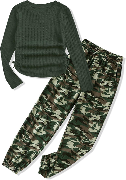 Girls' Clothing Sets Ribbed Knit Crewneck T-Shirt & Camo Print Elastic Waist Pants Girls Clothes Size 6-16Y