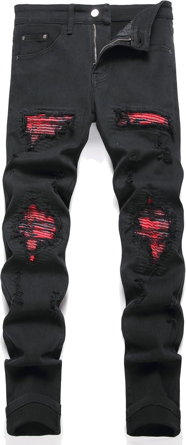 OIIIO Men's Patch Ripped Stretch Regular Fit Jean