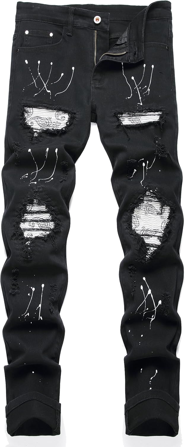 OIIIO Men's Patch Ripped Stretch Regular Fit Jean