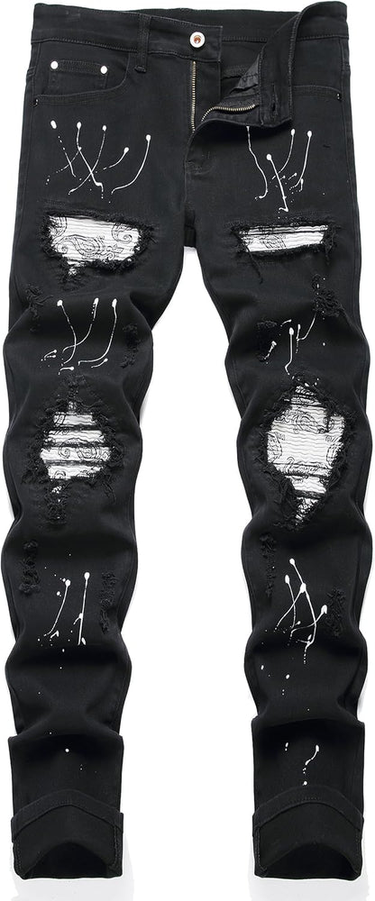 OIIIO Men's Patch Ripped Stretch Regular Fit Jean