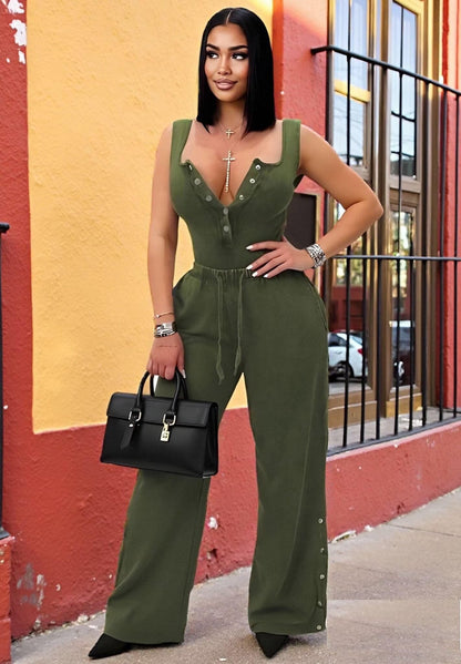 Two Piece Sets for Women Summer Casual Sleeveless Button Crop Top Drawstring Wide Leg Pants Set