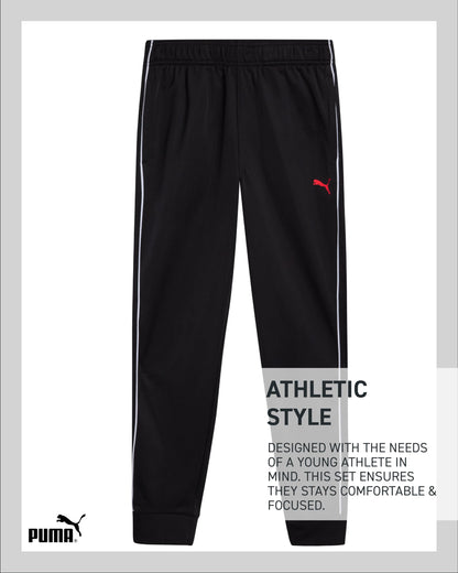 PUMA Boys Pants Set - 3 Piece Athletic T-Shirt, Zip Up Jacket, Jogger Pants - Boys Activewear Tricot Jogset (8-16)