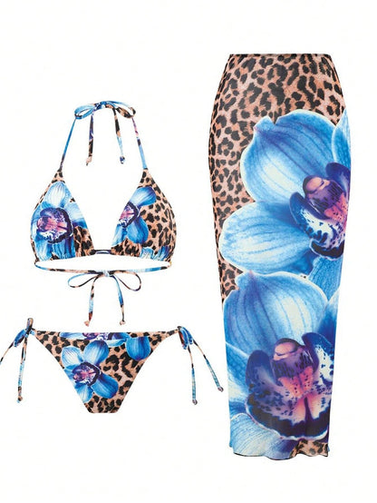 ZAFUL Womens 3pcs Swimsuit Floral Halter Triangle Bikini Top Tie Side Bottom with Long Sheer Cover Up Skirt