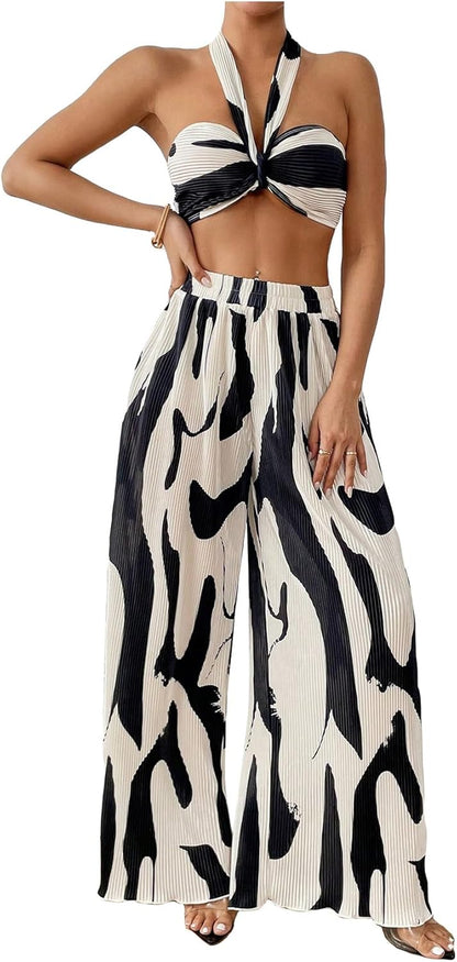 OYOANGLE Women's 2 Piece Outfits Graphic Print Knitted Crop Halter Top and Wide Leg Pants Set