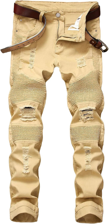 Baylvn Men's Designer Straight Slim Fit Patchwork Jeans Comfort Skinny Biker Denim Pants