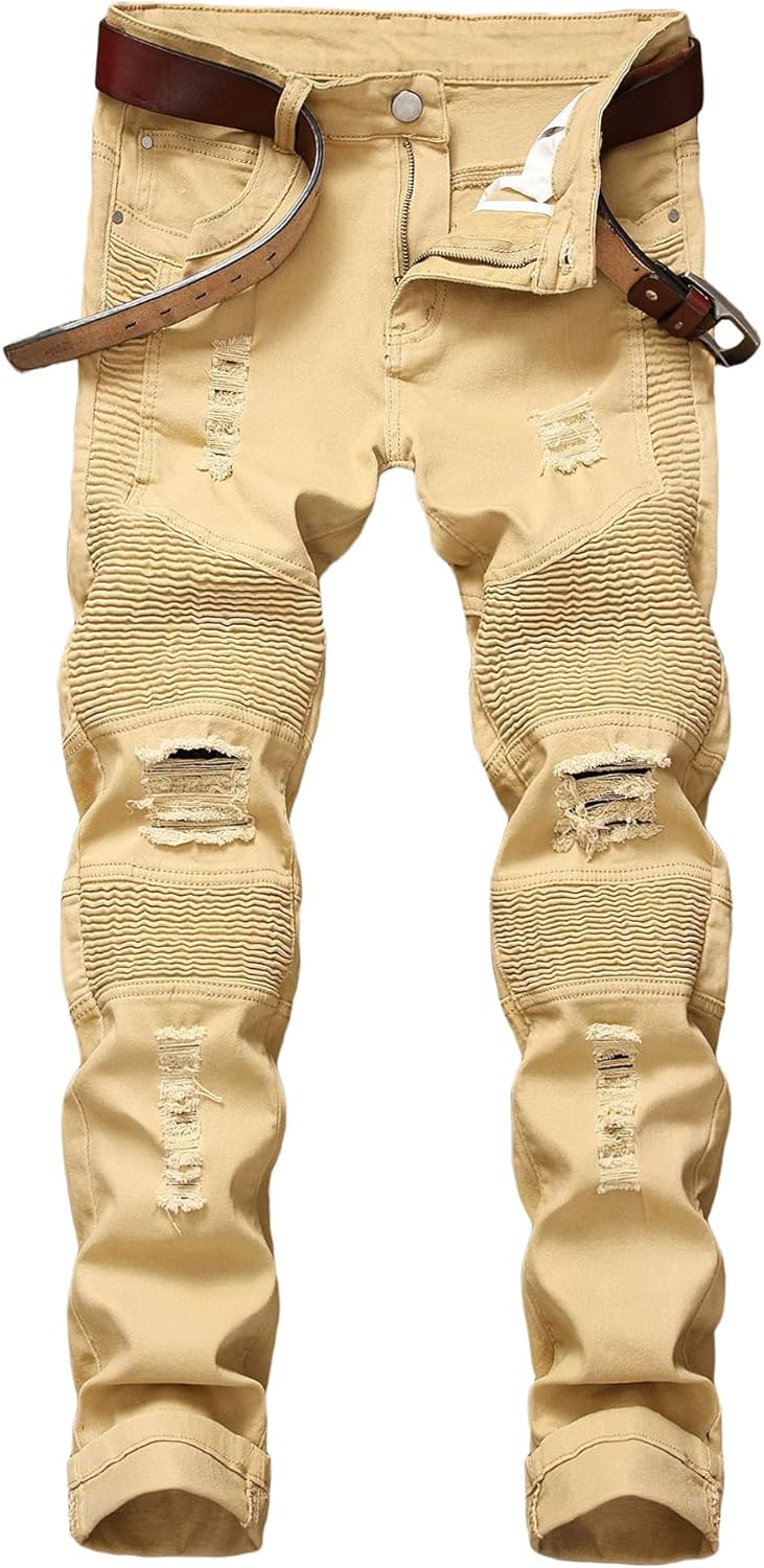 Baylvn Men's Designer Straight Slim Fit Patchwork Jeans Comfort Skinny Biker Denim Pants