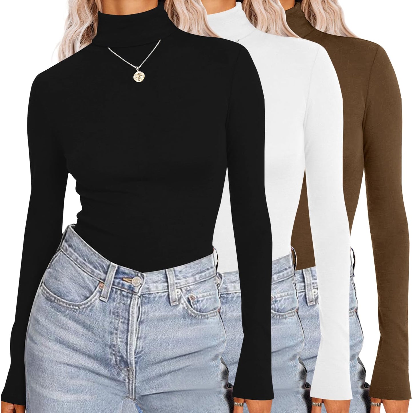 Ekouaer Womens 3 Piece Turtleneck Long Sleeve Shirts Lightweight Basic Slim Fit Soft Thermal Underwear Tops (S-XXL)