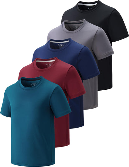 5 Pack Boys Athletic Shirts, Youth Activewear Dry Fit Tshirts for Kids, Short Sleeve Tees, Bulk Athletic Performance Clothing