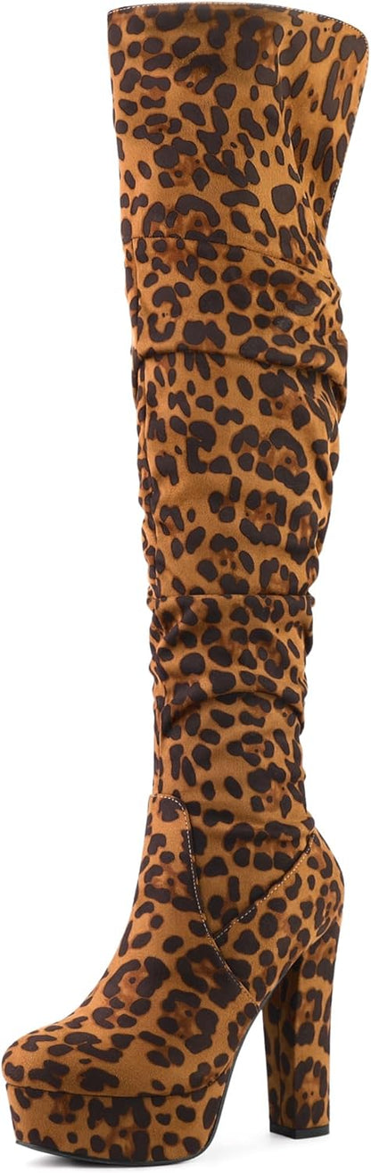 Allegra K Women's Platform Round Toe Zipper Slouch Heel Over the Knee Thigh High Boots