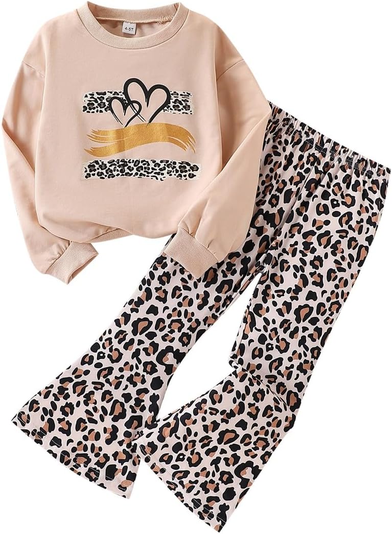 Toddler Girl Clothes Long Sleeve Cartoon & Letter Graphic Top + Fruit Stationery Print Flared Leg Pants