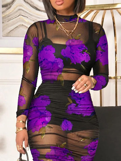 Women Sexy See Through Mesh Long Sleeve Ruched Midi Dresses Crop Top Bodycon Skirt 3 Piece Outfits Set Clubwear