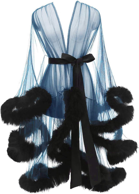 Tulle Feather Robe Sexy Sheer Mesh Fur Bridal Illusion Boudoir Bathrobe Nightgown Christmas Lingerie