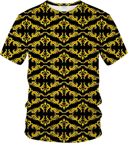 LAOLIUSN Men's Gold Shiny Printed T-Shirt - Golden Ornate Theme, Floral Graphic Tee Shirt