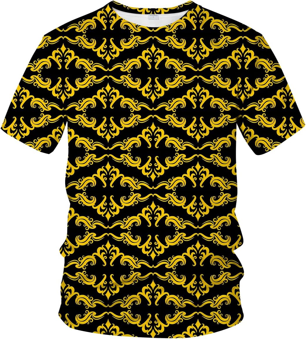 LAOLIUSN Men's Gold Shiny Printed T-Shirt - Golden Ornate Theme, Floral Graphic Tee Shirt