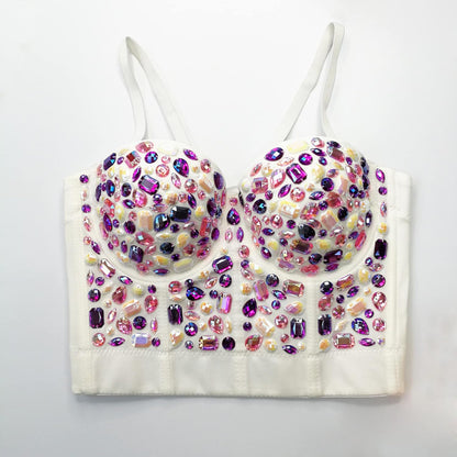 Women's Handmade Rhinestone Diamond Push up Bustier Crop Top Punk Corset Bra Vest
