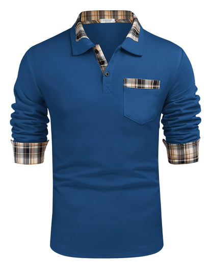 COOFANDY Men's Casual Polo Shirt Long Sleeve Classic Plaid Button Tees with Pockets