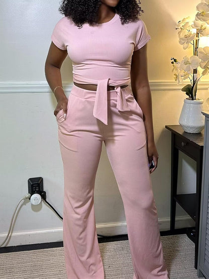EDITCOZY Women 2 Piece Outfits Sexy Tie Front Crop Top Wide Leg Pants Sets Casual Summer Ribbed Two Piece Set