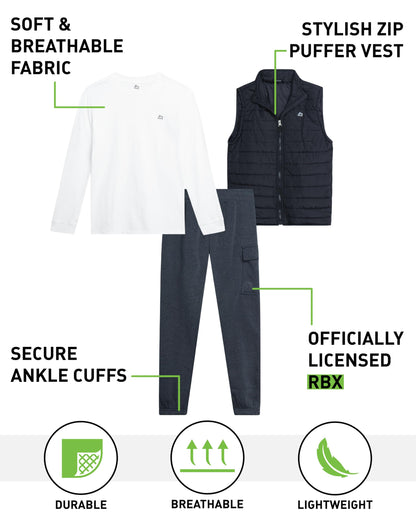 RBX Boys Pants Set - 3 Piece Zip Up Puffer Vest, Crew Neck Long Sleeve T Shirt and Fleece Joggers for Boys (Sizes: 4-12)