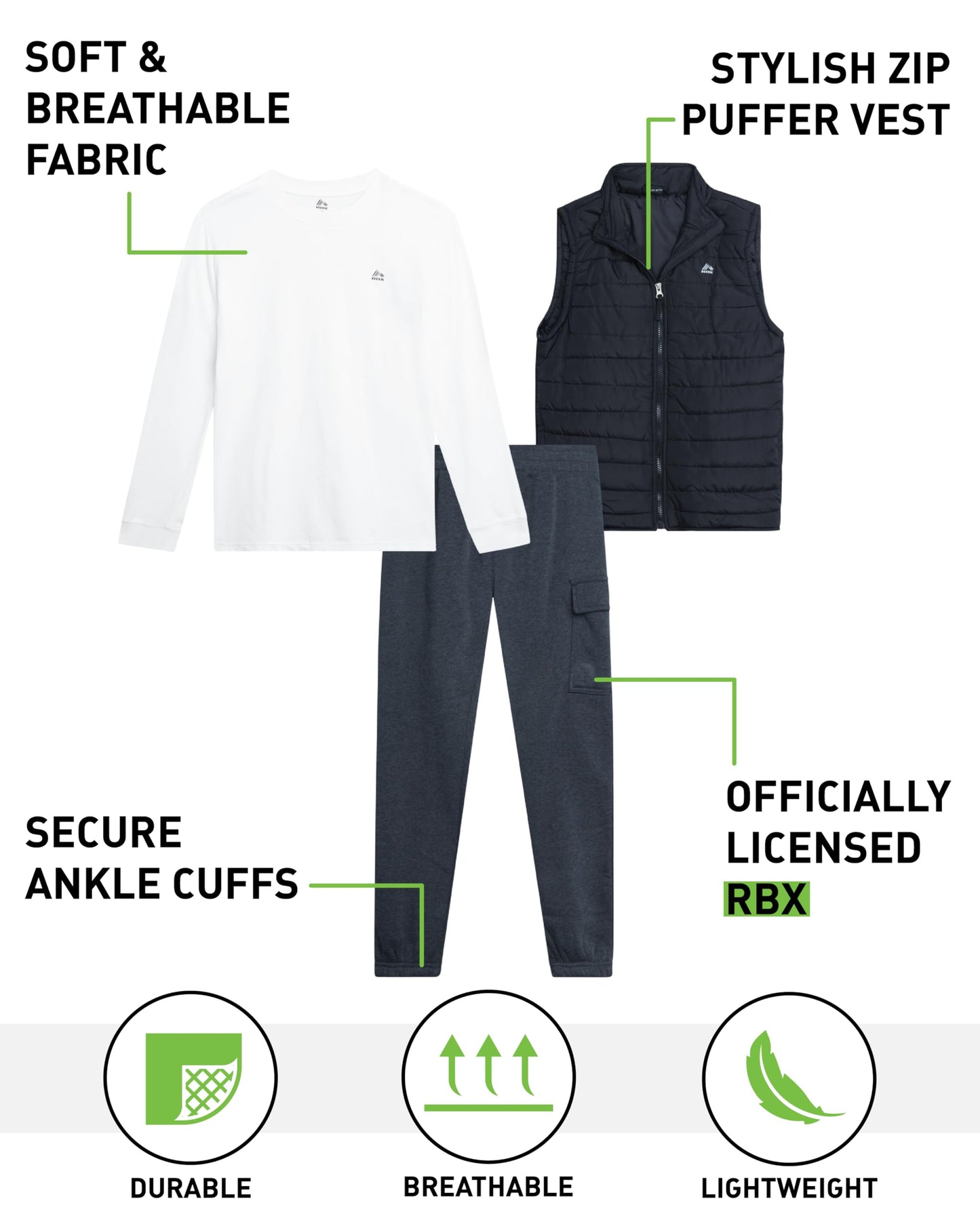 RBX Boys Pants Set - 3 Piece Zip Up Puffer Vest, Crew Neck Long Sleeve T Shirt and Fleece Joggers for Boys (Sizes: 4-12)