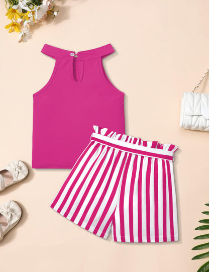 MIGU Girls Clothes Summer Halter Neck Ruffle Sleeveless Top Fashion Cute Floral Belt Shorts Two Piece Outfit Set Size 6-12