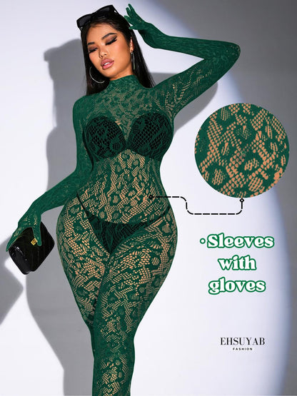Sexy Lace Leopard Jumpsuit For Women, Fishnet Bodysuit Glow Party Club, Poster One Piece Mesh Full Body Rave Outfits
