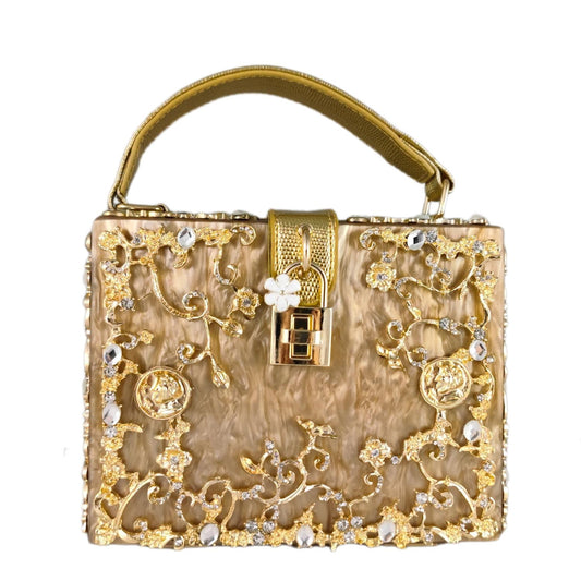 Boutique De FGG Acrylic & Flower Designer Shoulder Bags for Women Crossbody Bag Rhinestones Box Tote Evening Handbags,Small