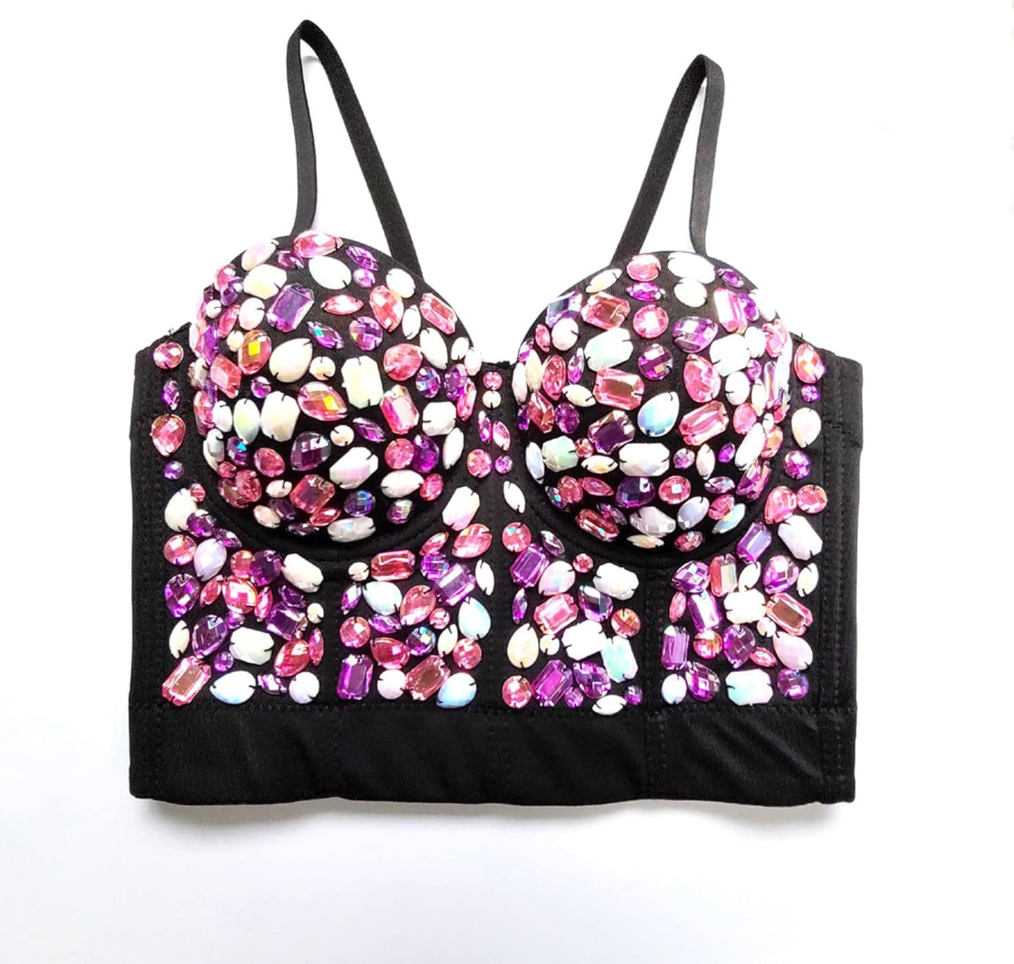 Women's Handmade Rhinestone Diamond Push up Bustier Crop Top Punk Corset Bra Vest