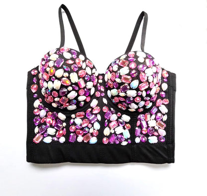 Women's Handmade Rhinestone Diamond Push up Bustier Crop Top Punk Corset Bra Vest