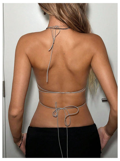 SweatyRocks Women's Glitter Rhinestone Criss Cross Halter Tops Backless Sleeveless Asymmetrical Party Crop Tops