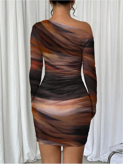 Women's Off Shoulder Ombre Tie Dye Bodycon Dress Long Sleeve Slim Fit Pencil Mini Dresses