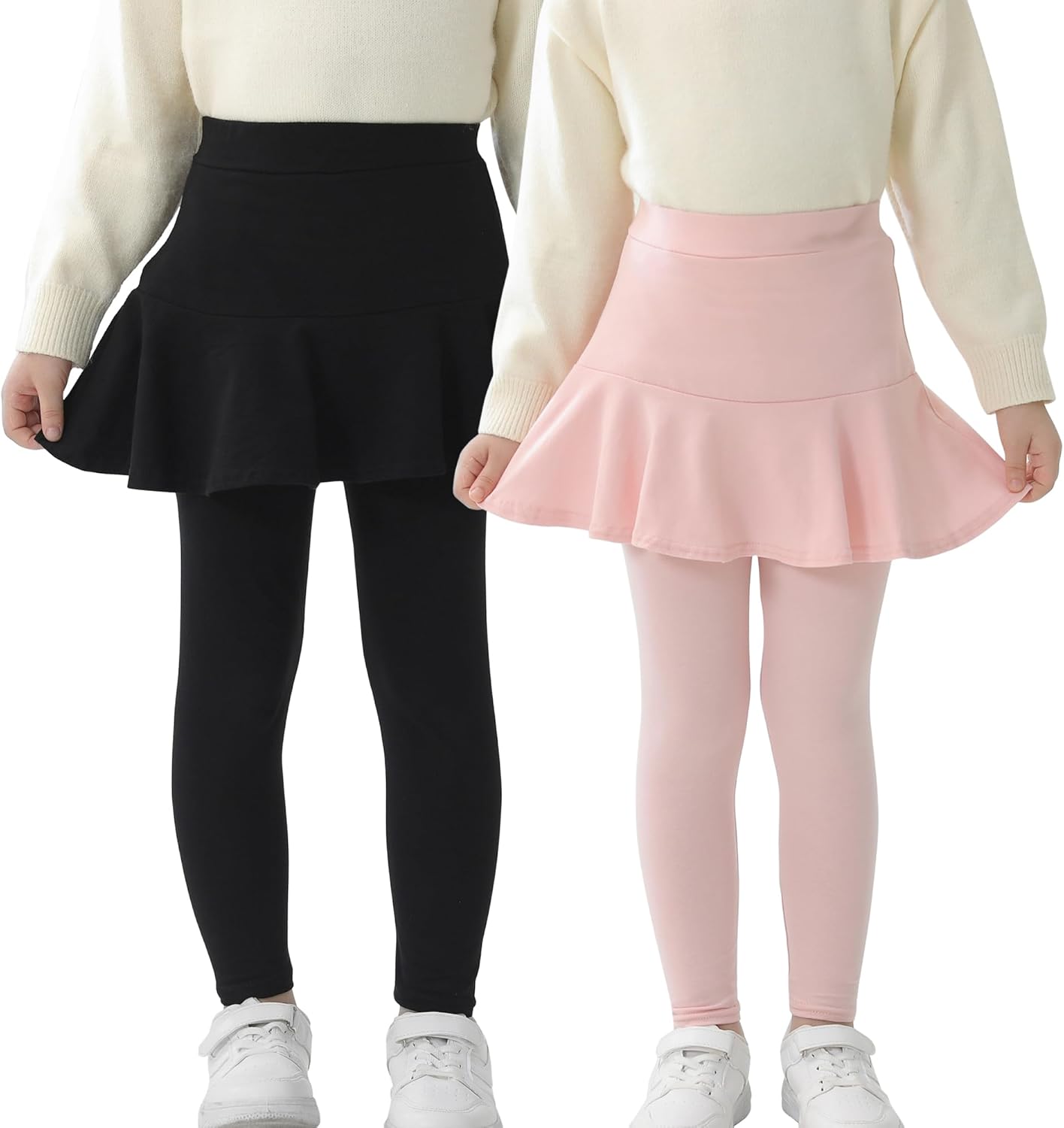 Trendy Girls' Leggings with Skirt - 2 Pack of Cotton Ruffle Skirt Pants for Kids for 3-8 Years