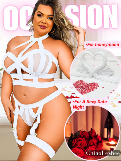 Curvy Lady's Strappy Lingerie For Women, Plus Size Exotic Garter Thong, BBW Halter Gifts For Him 3 Piece Set