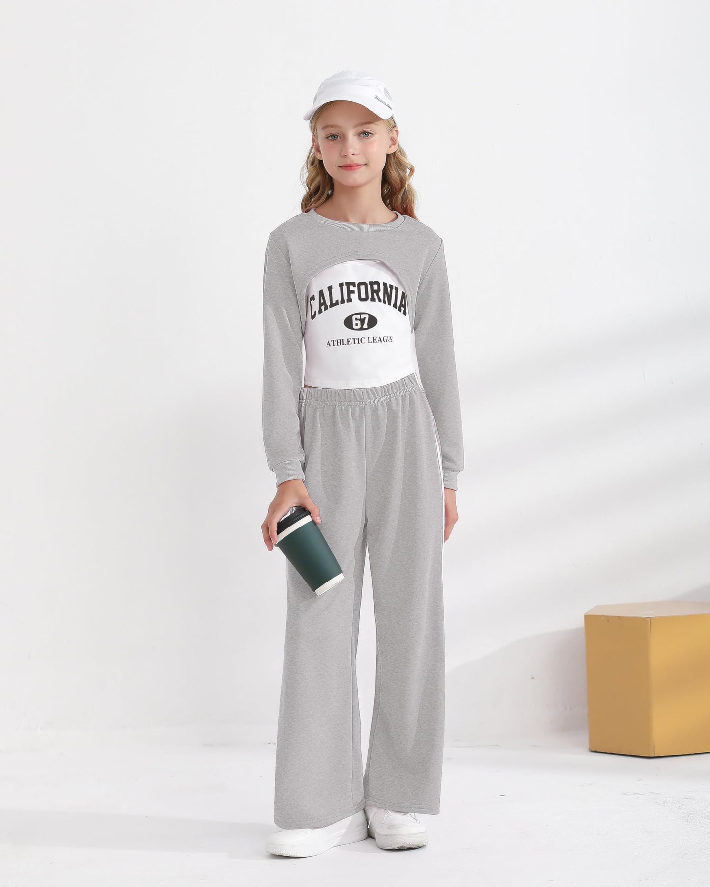 Girls 3 Piece Outfits Long Sleeve Crop Shirts & Cami Tops & Sweatpants Sets Fall Clothes Size 8-12Y