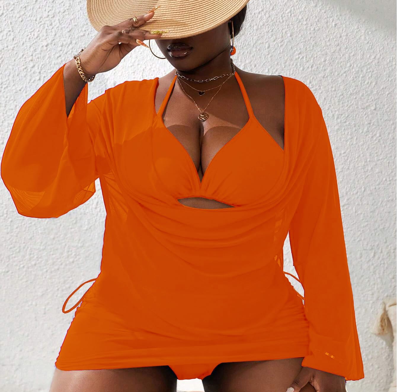 YELAIVP Women's Plus Size Halter String Triangle Bikini Sets 3 Piece Swimsuits with Side Ruched Drawstring Cover Up