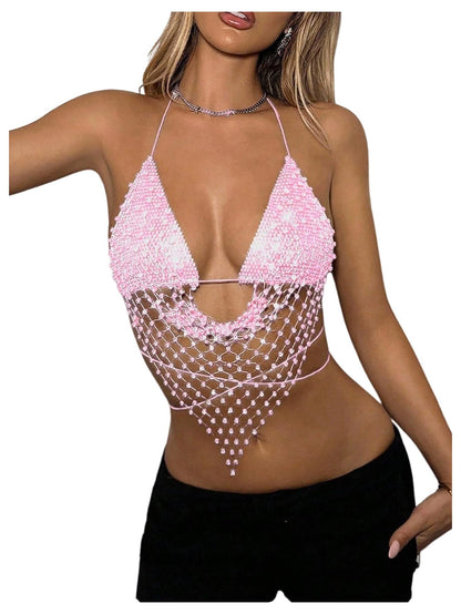 SweatyRocks Women's Glitter Rhinestone Criss Cross Halter Tops Backless Sleeveless Asymmetrical Party Crop Tops