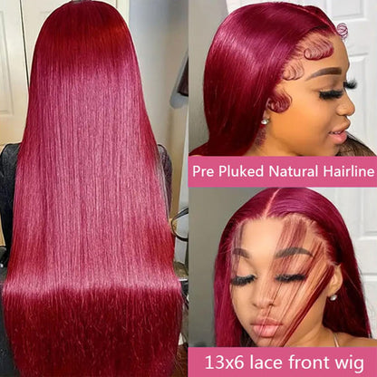 Burgundy Wig Human Hair 28inch 13x6 HD Transparent Lace Straight 99J Red Human Hair Wig Colored Reddish Brown Lace Frontal Wigs 180% Density Pre Plucked