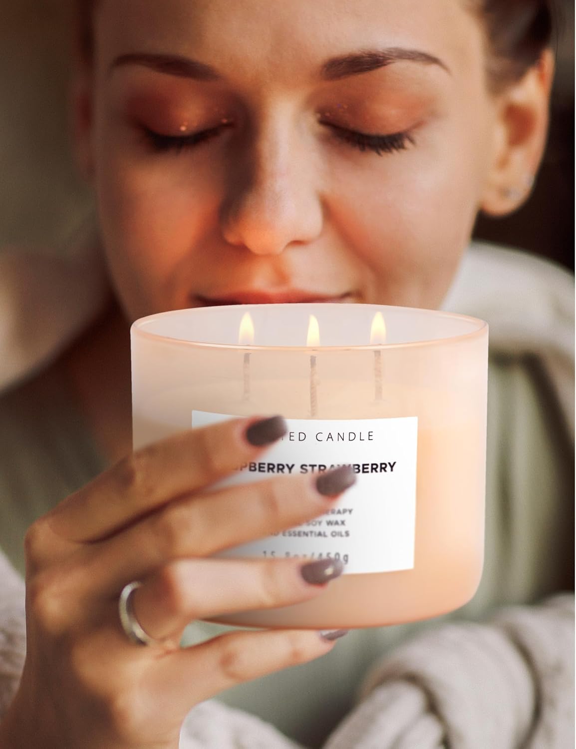 Raspberry Strawberry Vanilla 3 Wick Scented Candle | Large Soy Candles for Home 15.8 oz | Long Lasting Aromatherapy Candle Gift | Refreshing Berry Scented Candles | Relaxing Candle for Women & Men