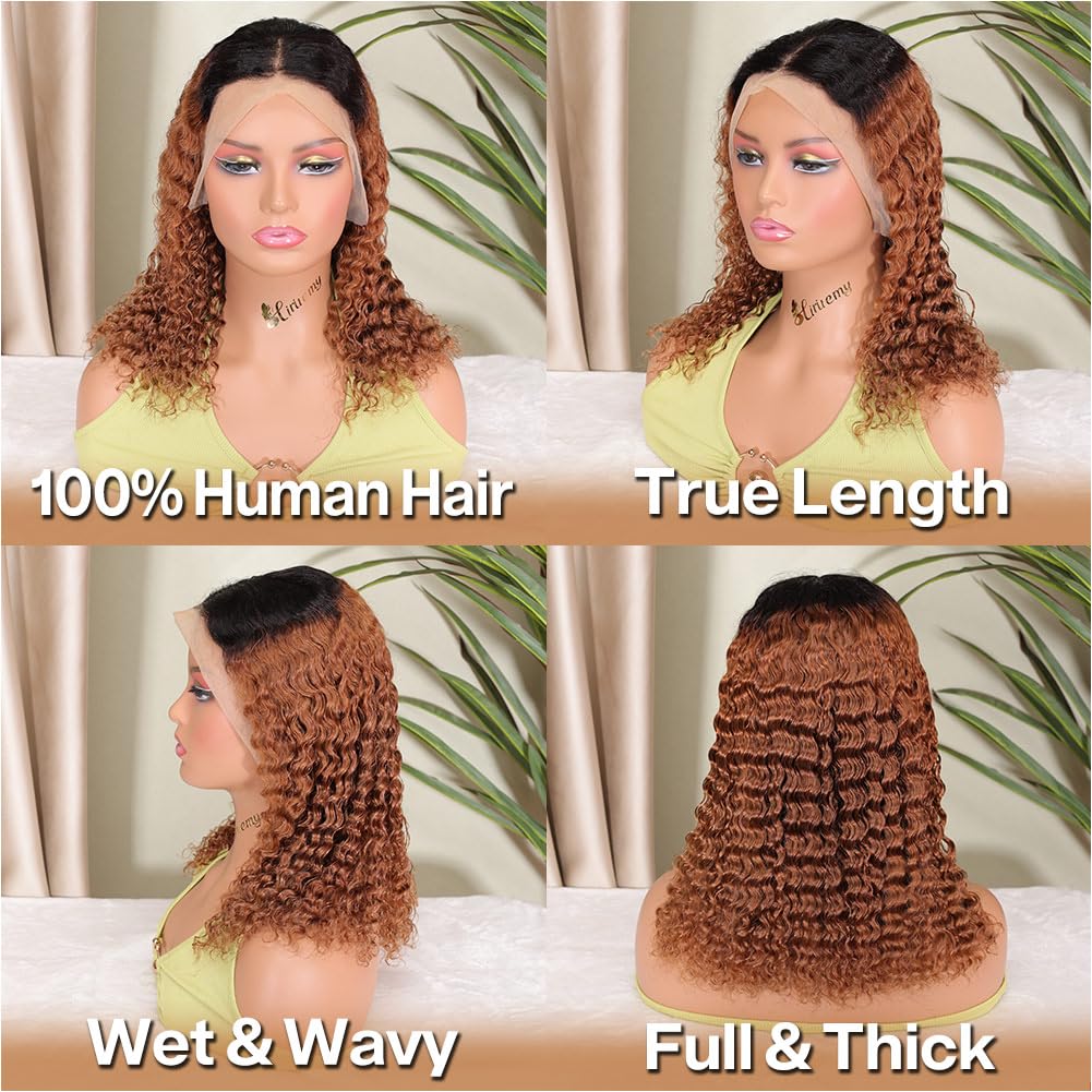 Curly Bob Wig Human Hair Deep Wave 13x4 HD Lace Front Wigs For Black Women Human Hair Pre Plucked Wear And Go Glueless Short Wet And Wavy Ombre Honey Blonde Highlight Color 4/27 14 Inch