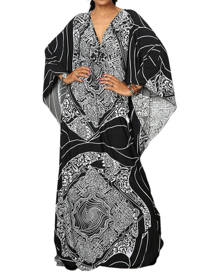 Bsubseach Women Ethnic Print Kaftan Beach Dress Plus Size Swimsuit Cover Up