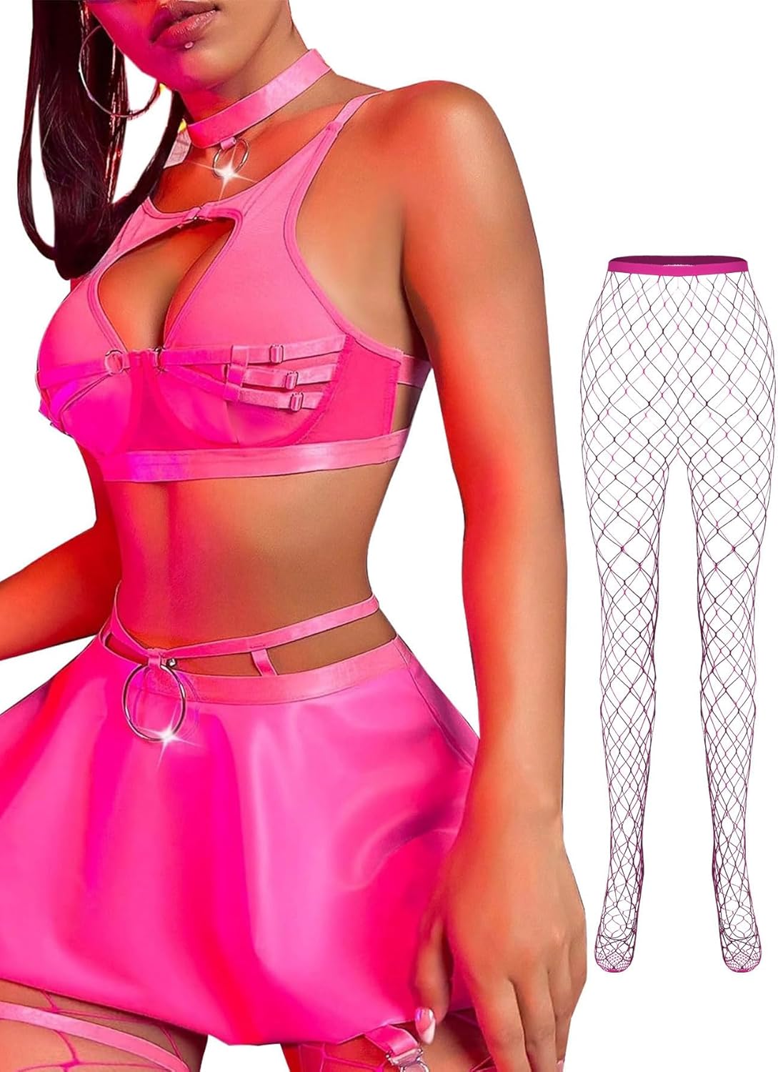 Lilosy Sexy Stocking Chocker Strappy Underwire O Ring Push Up Garter Belt Women Skirt 5 Piece