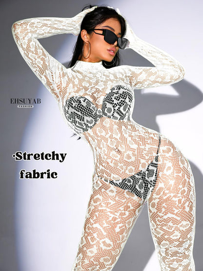 Sexy Lace Leopard Jumpsuit For Women, Fishnet Bodysuit Glow Party Club, Poster One Piece Mesh Full Body Rave Outfits