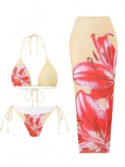 ZAFUL Womens 3pcs Swimsuit Floral Halter Triangle Bikini Top Tie Side Bottom with Long Sheer Cover Up Skirt