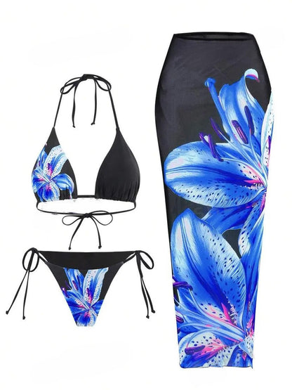 ZAFUL Womens 3pcs Swimsuit Floral Halter Triangle Bikini Top Tie Side Bottom with Long Sheer Cover Up Skirt