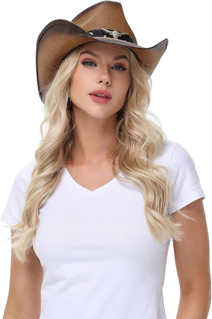 Cowboy Hat,Cowgirl Hat,Western Cowboy Hats for Women/Mens/Straw Wide with Shapeable Brim Cowboy Hat for Womens