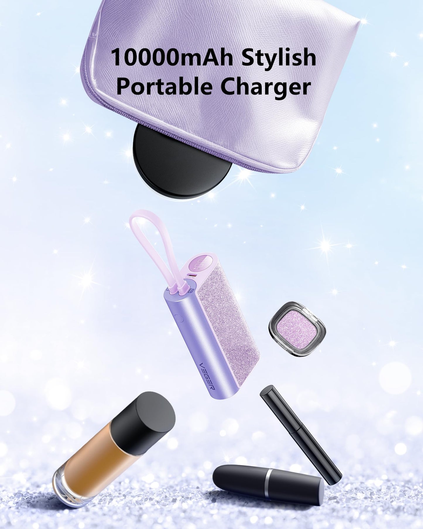 VEGER Compact Portable Charger with Built in Cable(Removable), 10000mAh Cute Power Bank 20W Fast Charging, Sparkling Battery Pack Fashion Travel Accessory Compatible with iPhone 15/14, Android-Purple