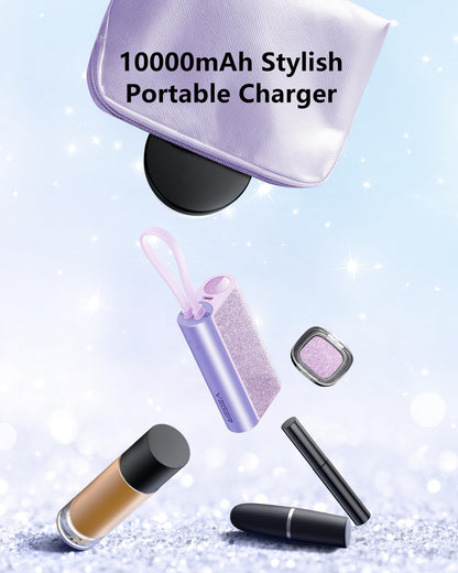 VEGER Compact Portable Charger with Built in Cable(Removable), 10000mAh Cute Power Bank 20W Fast Charging, Sparkling Battery Pack Fashion Travel Accessory Compatible with iPhone 15/14, Android-Purple