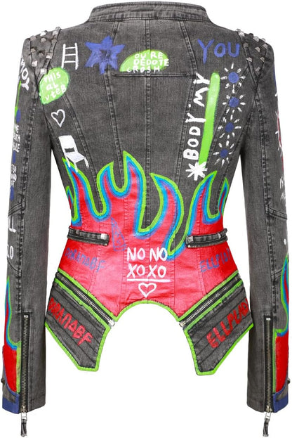 FUYUAN Women's fashion studs perfectly shaped artificial leather jacket graffiti punk motorcycle jacket