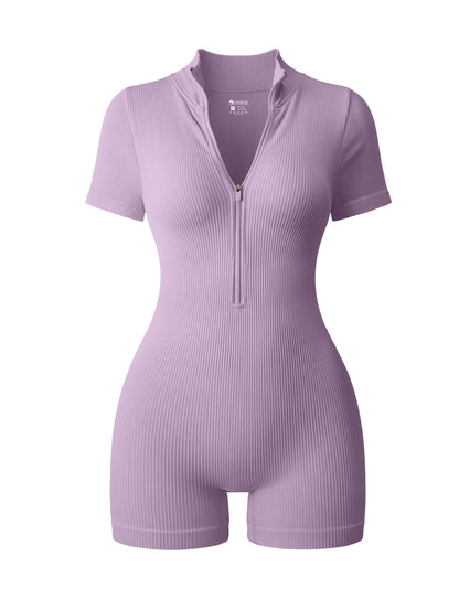 OQQ Women Rompers Ribbed Short Sleeve Zip Front Stretch Tummy Control Yoga Workout Rompers