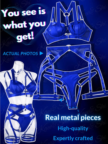 Kaei&Shi Strappy Harness, All Adjustable, Underwire Racerback, 4pc Garter Set