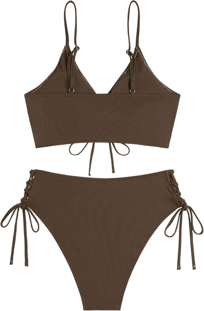 ZAFUL Women V Neck Bikini Set Ruched Tie Front High Waisted Floral Print Ribbed 2 Piece Bathing Suit Swimsuits